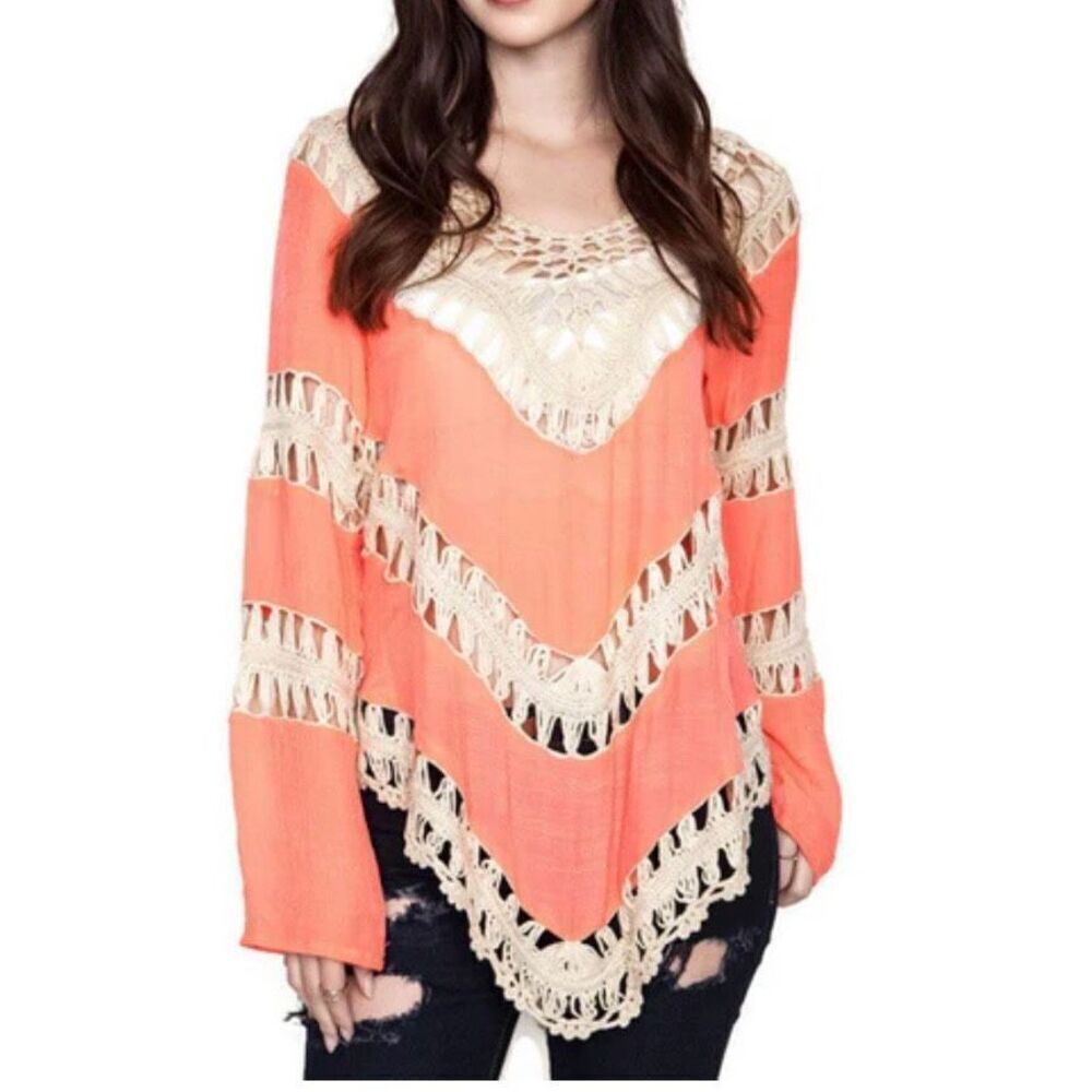 Coral and dream crochet open Umgee Boho Stretch Knit Tunic with Lacy Crochet Tri